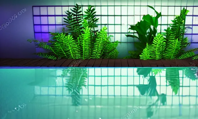 Image similar to 3d render of indoor pool with ferns and palm trees, pool tubes, chromatic abberation, dramatic lighting, depth of field, 80s photo