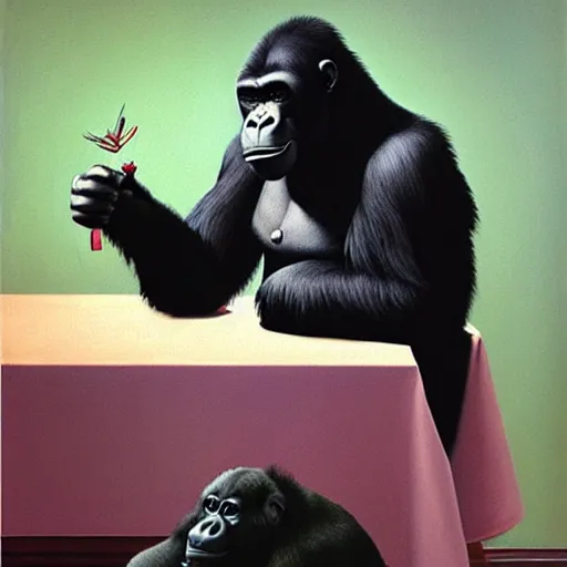 Image similar to a gorilla takes you out for a nice dinner by Raphael, Hopper, and Rene Magritte. detailed, romantic, enchanting, trending on artstation.