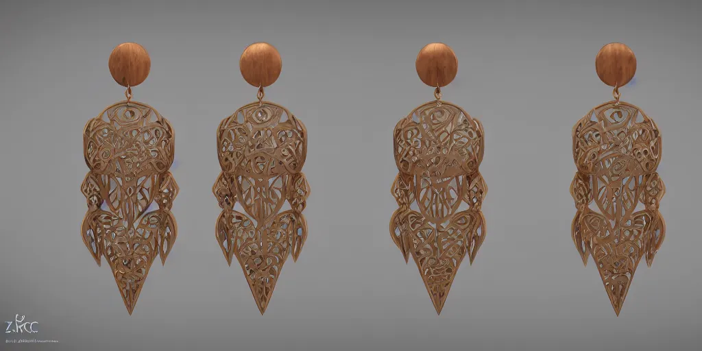 Image similar to earring design, jewelry design, wood, nordic, art deco, intricate, elegant, material, product design, trending on artstation, cgsociety, photo realistic, design by ziva cph and isabel lennse and kalevala, 8 k, unreal engine, c 4 d