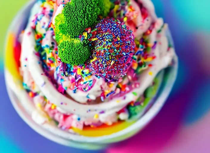 Image similar to food photo still of soft serve swirled frozen yogurt topped with broccoli and rainbow sprinkles, 8 5 mm f 1. 8 studio lighting