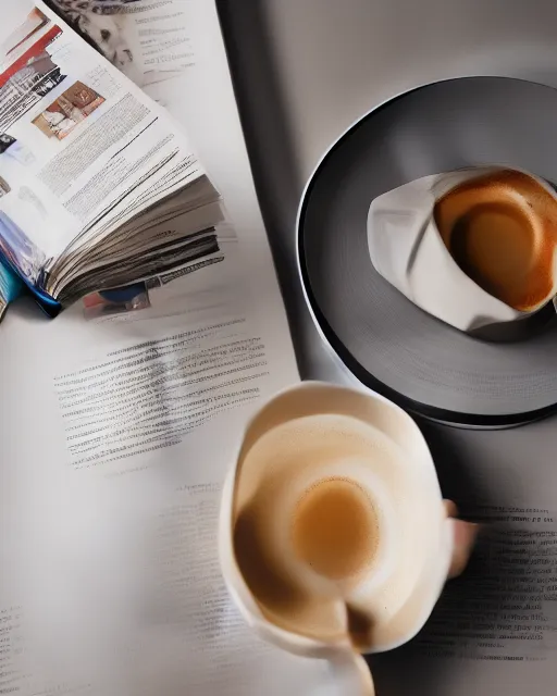 Image similar to 'a full view of a table with a magazine opened to a page with a picture of a coffee cup' clay sculpture, magazine, zoomed out, zoomed out, zoomed out