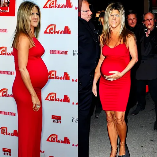 Image similar to Pregnant Jennifer Aniston in a red dress at a movie premiere, paparazzi photograph