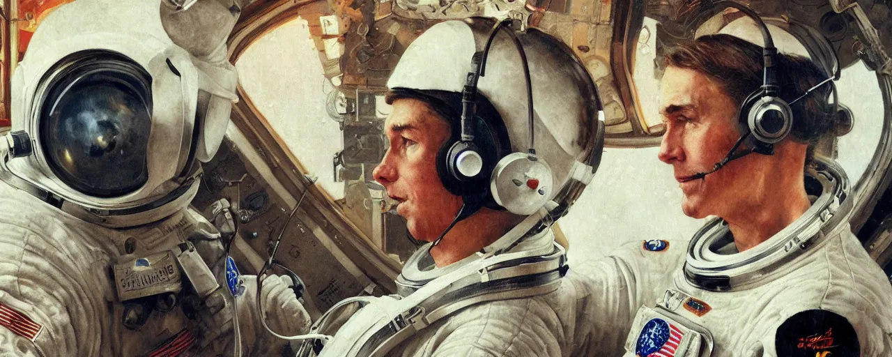 Image similar to a detailed portrait of an astronaut wearing headphones art by norman rockwell, cinematic, epic composition, hd, digital painting, digital art, concept art, illustration, comic art, stylized, masterpiece, award - winning