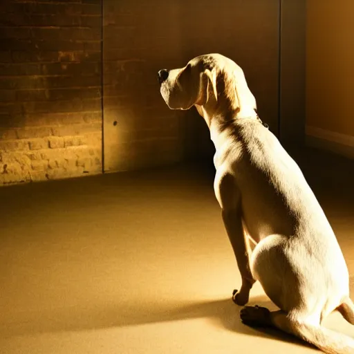 Prompt: barking dog looking at monitor photo dramatic lighting from behind