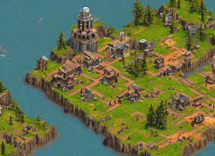 Prompt: isometric map of age of empires video game, procedural, top down, AOE2 , civilization, river, forest, cave, mountain, 3d map, woods, hills, buildings, snow, , digital art,realistic,detailed,art by greg rutkowski
