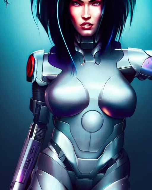 Image similar to still portrait photo of megan fox as the major ghost in the shell as cyborg woman by pixar, by weta, wlop, ilya kuvshinov, rossdraws, artgerm, maxim cover, latex, sweaty, iridescent, bright morning, anime, liosh, mucha