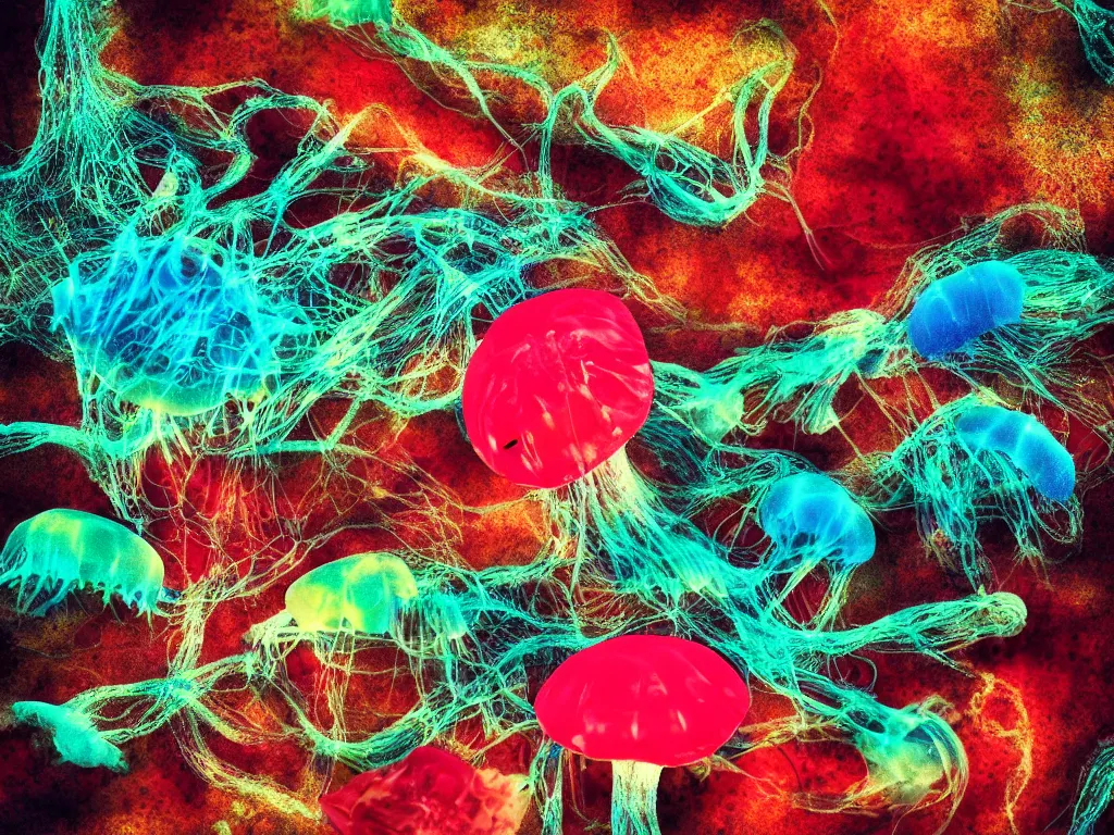 Prompt: side view a group of hamburger mix jellyfish growing form tree branch, super resolution, 8 k, sharp focus, pop art, cyberpunk, pop art, old school, style by andy warhol