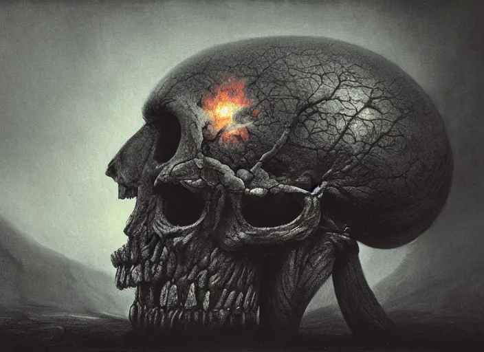 Prompt: a plant on top of human skull, looking in camera, backlight, black sky, fire burning, ultra detailed, hyper realistic, wide shot, by beksinski, giger, greg rutkowski