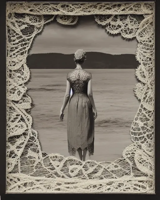 Image similar to a woman standing by the sea, made of intricate decorative lace leaf skeleton, in the style of the dutch masters and gregory crewdson, dark and moody