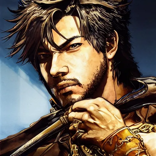 Image similar to portrait of a hero holding his sword in front of his face by yoji shinkawa, high quality, extra details, realism, ornate, colored, golden chain, blood, white skin, short hair, brown eyes, vivid, sunlight, dynamic, american man, freedom, soldier