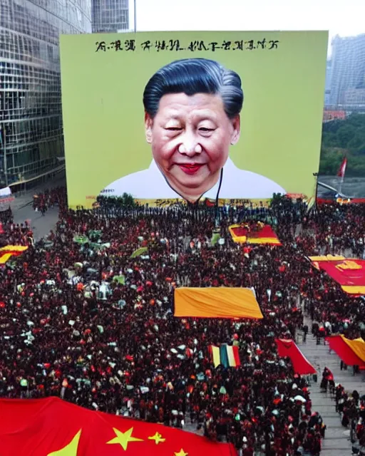Image similar to tangping lying flat protest movement in china in front of a giant portrait of xi jinping