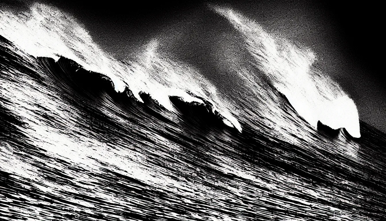 Prompt: surfing wave by mads berg, karolis strautniekas, film noir, stippled light, dramatic lighting, editorial illustration, detailed, fine texture, matte print,