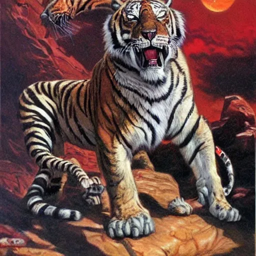 Prompt: roaring tiger, earl norem style,