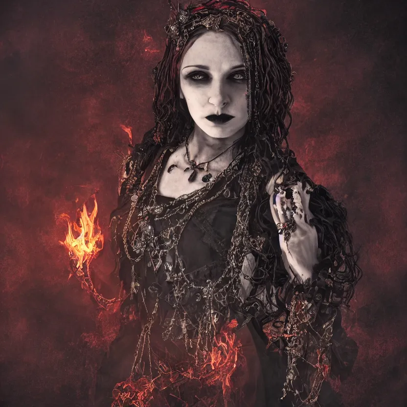 Image similar to A portrait of a Gothic goddess of fire jewels in an empty land, dark and mysterious, lively atmospheric, cinematic, 8k, 4k, ultra detail, ultra-realistic, rendered by DeviantArt