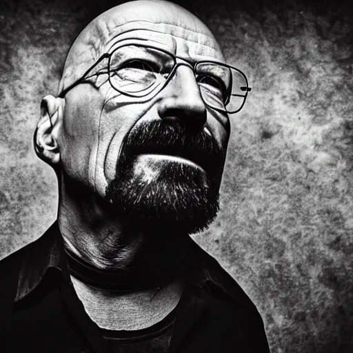 Prompt: Walter white singing at a death metal concert, photography, wide angle, sharp, cinematic