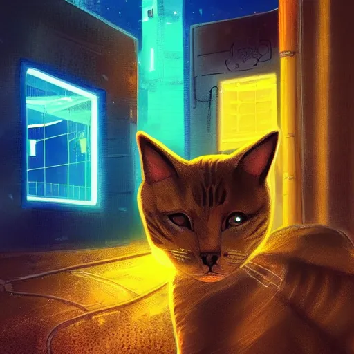 Image similar to a cat in an abandoned city with neon lights digital art trending on art station high quality