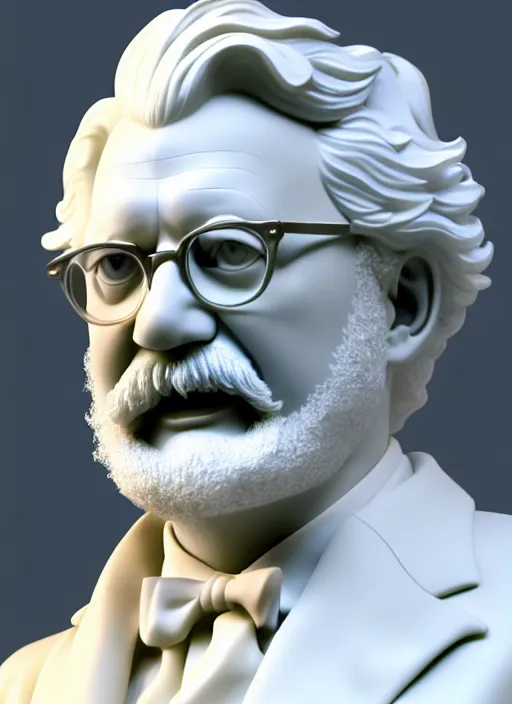 Image similar to colonel sanders as marble statue by michaelangelo, realistic 3 d render, high lights, 4 k, high detailed photography cape, 5 0 mm lens, depth of field, cinematic