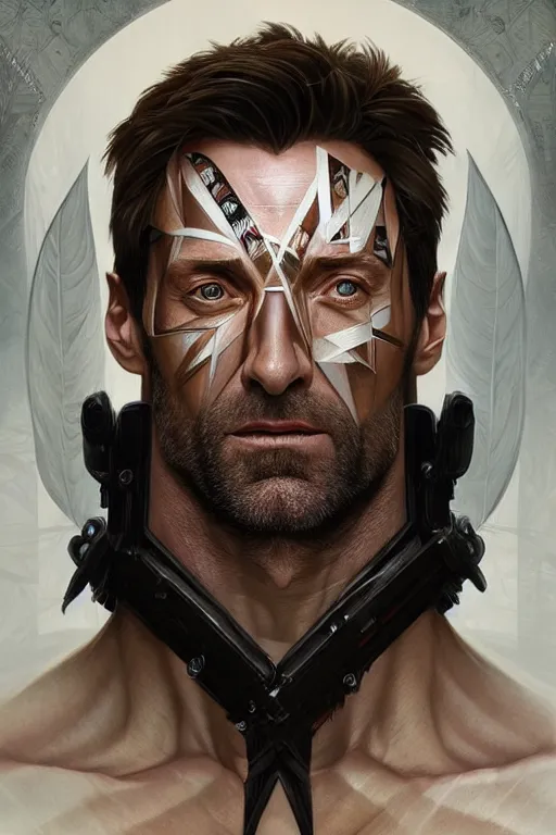 Image similar to symmetry!! portrait of hugh jackman in the boys in the style of god of war, machine parts embedded into face, intricate, elegant, highly detailed, digital painting, artstation, concept art, smooth, sharp focus, illustration, art by artgerm and greg rutkowski and alphonse mucha, 8 k