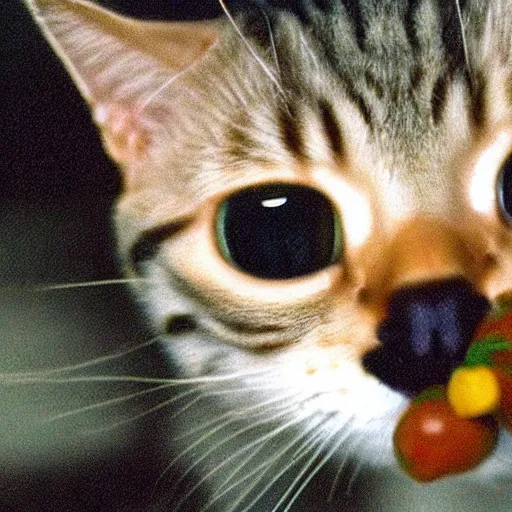 Image similar to cctv footage of a cat eating berries. close up. caught on camera