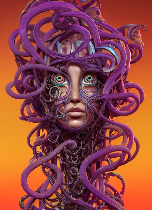 Image similar to biomechanical medusa, art nouveau swirls, strong subsurface scattering, cables, tubes, subsurface scattering, colored wax material, in the style of james jean and tomasz alen kopera and beeple, mystical colors, rim light, soft lighting, 8 k, stunning scene, raytracing, octane render, trending on artstation
