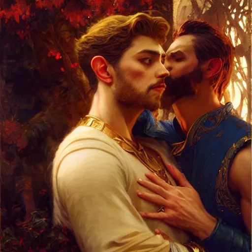 Prompt: attractive fully clothed king confesses his love for his attractive fully clothed male prince. highly detailed painting by gaston bussiere, craig mullins, j. c. leyendecker 8 k