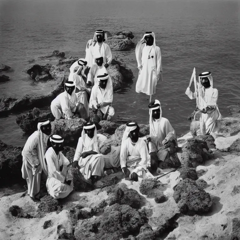 Prompt: pearl divers in the Arab Emirates in the early 20th century photo, kodak, 35mm,