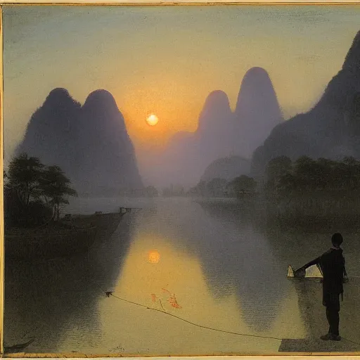 Image similar to a young man in guilin, by caspar david friedrich, mist, sunrise