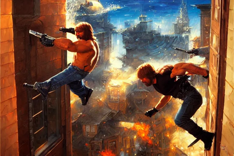 Prompt: chuck norris kicking a ninja out a window, an oil painting by ross tran and thomas kincade