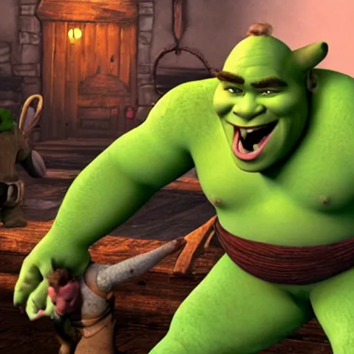 Image similar to Shrek getting beaten up by toddlers