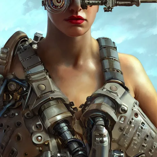 Image similar to tank girl, highly detailed, half human, half cyborg, power implants, full body transmogrify, low camera angle, point of view looking up from below, beautiful, mesmerising, look of desire, loving stare, battle action shot, digital painting, trending on artstation, concept art, 4 k, sharp focus, illustration, art by greg rutkowski