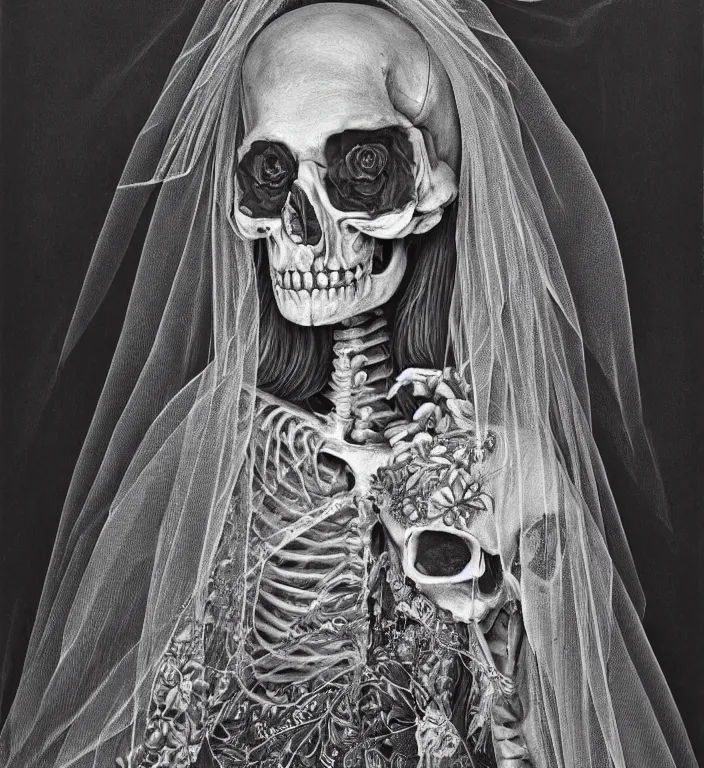Image similar to portrait of a Bride's skeleton in veil with floral pattern by Laurie Lipton, high detailed, realistic,dark surrealism, hyper detailed