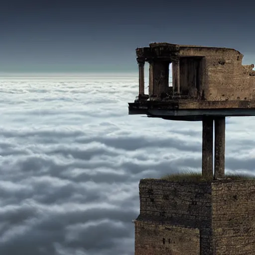 Prompt: ancient hi tech superstructure standing above the clouds with an abandoned city on top, photograph, derelict, hyperrealism,