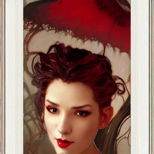 Prompt: portrait of a beautiful vampire by Stanley Artgerm Lau , greg rutkowski, thomas kindkade, alphonse mucha, loish, norman rockwell, J. C. Leyendecker. white and light red hair, detailed eyes, red lips, framed, facing the camera. Trending on artstation rule of thirds detailed illustration hd 4k