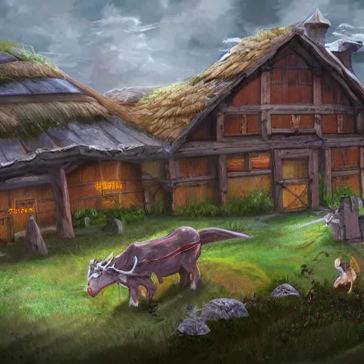 Image similar to concept art of a fantasy farm, wlop style