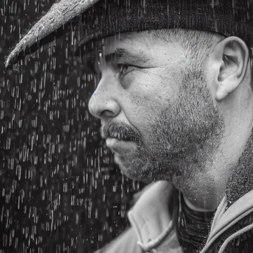 Image similar to closeup portrait of a man fishing in a rainy new york street, photography, detailed face, natural light, ƒ1.8, 35mm