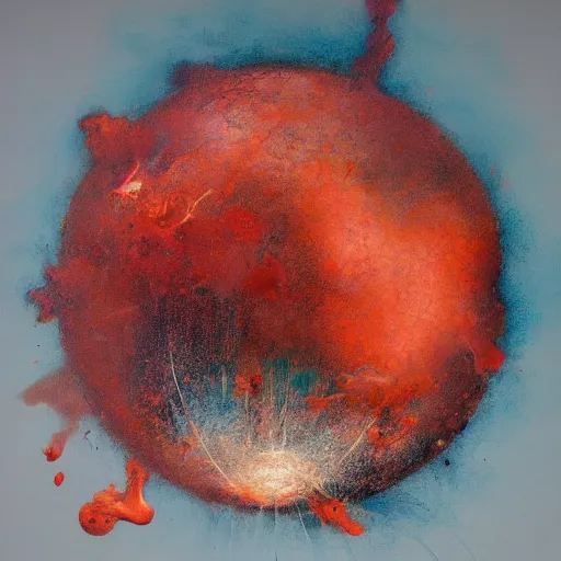 Image similar to a sphere being devoured by abstract splatters of paint in the style of francis bacon, venus being engulfed in flames in the style of james jean, surreal, beksinski, high detailed