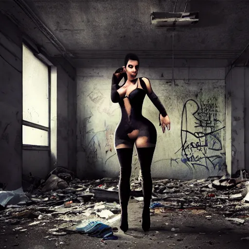 Prompt: kim kardashian in a derelict apartment, grungy, graffiti, trash, translucent, establishing action shot, ultra detailed, sad face, attire: underwear, trending on artstation, concept art, intricate details, 8k detail, post processing, hyperealistic, smoke, octane rend, led lights, full person perspective, dark, creepy,