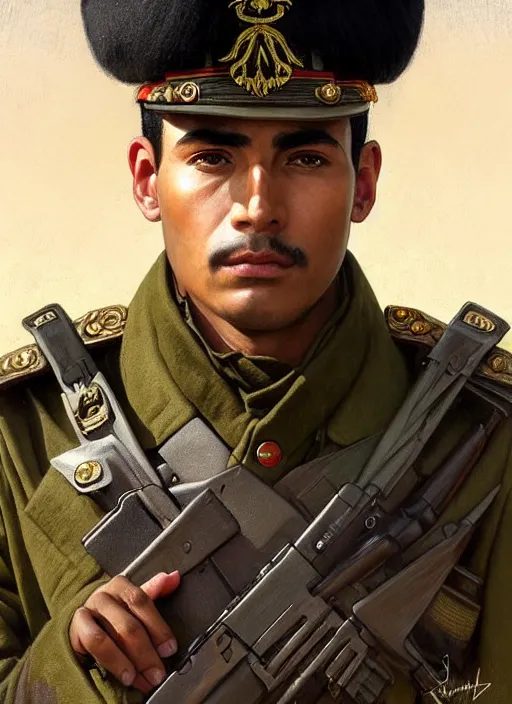 Image similar to portrait of stoic looking very handsome peruvian soldier, military uniform, black hair, thick eyebrows, fantasy, intricate, elegant, highly detailed, centered, dark, smokey, digital painting, artstation, concept art, smooth, sharp focus, illustration, art by artgerm and greg rutkowski and alphonse mucha