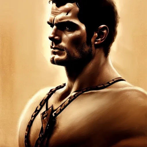 Image similar to henry cavill as a greek gladiator, gorgeous, amazing, muscular, intricate, highly detailed, digital painting, artstation, concept art, sharp focus, illustration, art by greg rutkowski and alphonse mucha