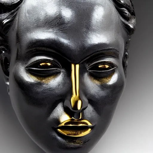 Prompt: perfect statue of beautiful evil face made from black marble with gold, by johannes voss