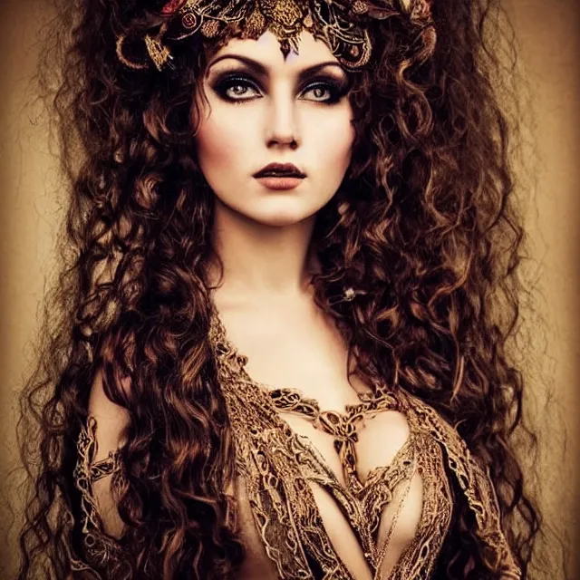 Prompt: ethereal beautiful woman with long curly hair in romany gypsy outfit, high detail, detailed dark eyes, brown dark aesthetic