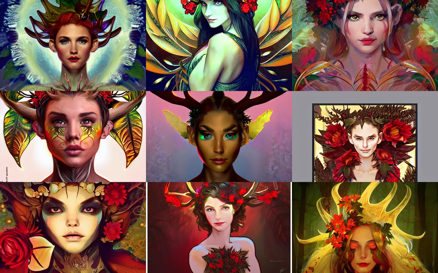 Prompt: character concept portrait, head - on centralized, elf spirit with antlers, red flowers, glowing golden eyes. dress made of leaves. detailed, abstract high quality, dynamic lighting, evocative, fantasy. artwork by artgerm, wlop, alex ross, greg rutknowski, alphonse mucha