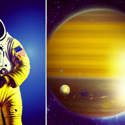 Image similar to astronaut in space, galactic background reflections on suit on one side and a yellow planet on the other side