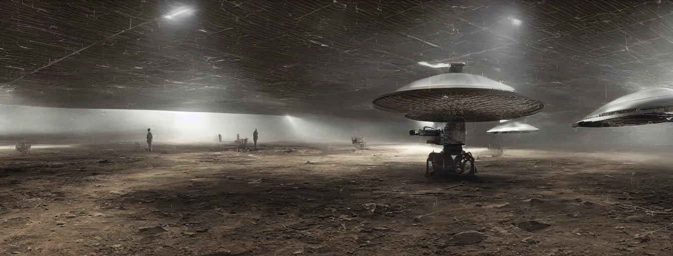 Image similar to engineer repairs secret flying saucer full of unknown military equipment in the hall of area 55, high detail, ground fog, wet reflective ground, saturated colors, by Jason Chan, render Unreal Engine-H 704