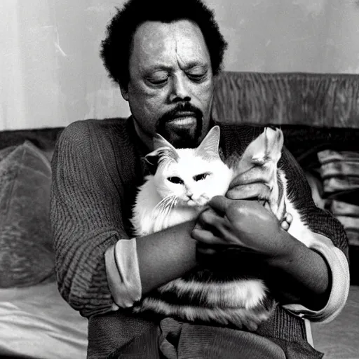 Image similar to charles mingus lovingly holding a terrifying evil cat from hell, professional, detailed