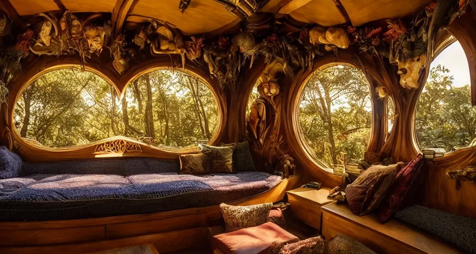 Image similar to an incredibly beautiful scene from a 2 0 2 2 marvel film featuring a cozy art nouveau reading nook in a fantasy treehouse interior. a couch with embroidered pillows. golden hour. 8 k uhd.