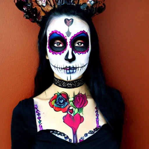 Prompt: mysterious woman wearing day of the dead make up and dress
