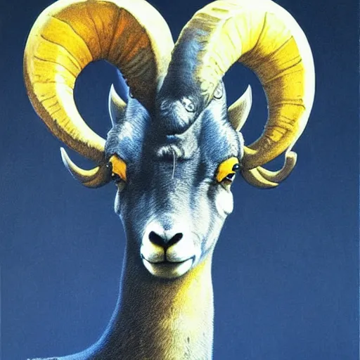 Prompt: Angry Yellow Bighorn Sheep portrait, dark fantasy, blue, artstation painted by Zdzisław Beksiński and Wayne Barlowe