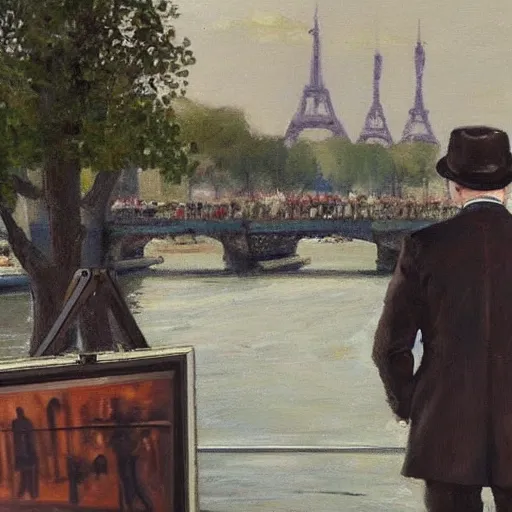 Image similar to mcgregor is dressed as a gentleman at early 2 0 th century paris. he is watching an easel. that easel has a canvas on it. ewan mcgregor has a brush on his hand. he is painting a painting. realistic painting with strong outlines. background has river seine, morning sun, dark clouds, by jack kirby