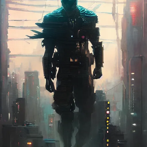 Image similar to cyberpunk batman, futuristic, brush strokes, oil painting, city background, greg rutkowski